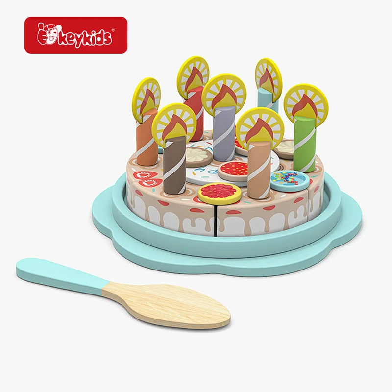 Wooden Fruit Birthday Cake Play Set with Pink and Blue with Candles, Toppings and Serving Spatula for Pretend Play W10B528